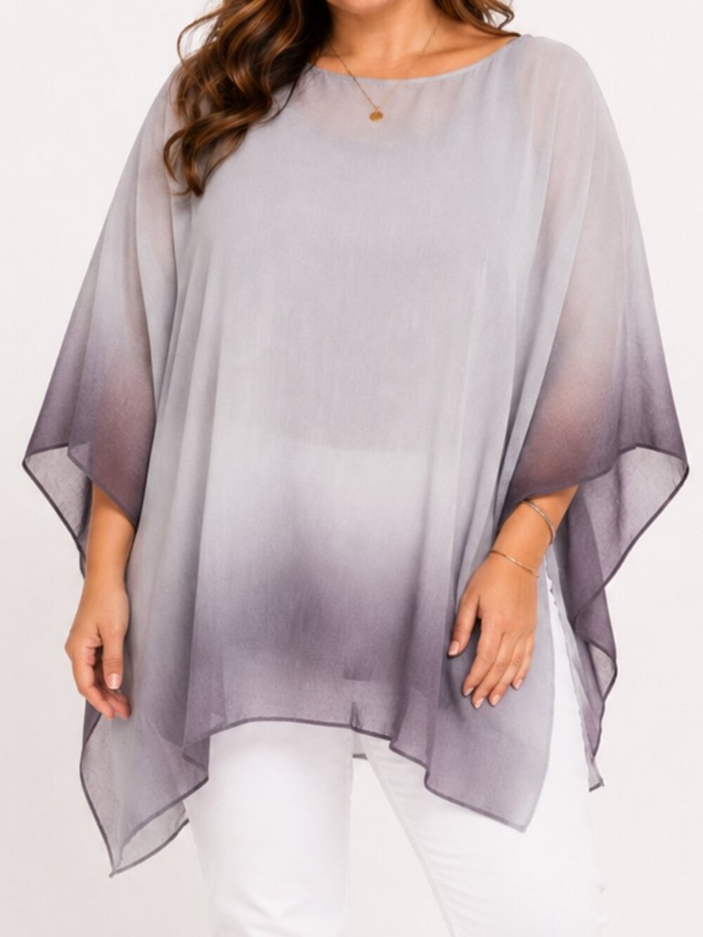 EILEEN FISHER Gray Ombre Watercolor Sheer Silk Poncho Blouse XL